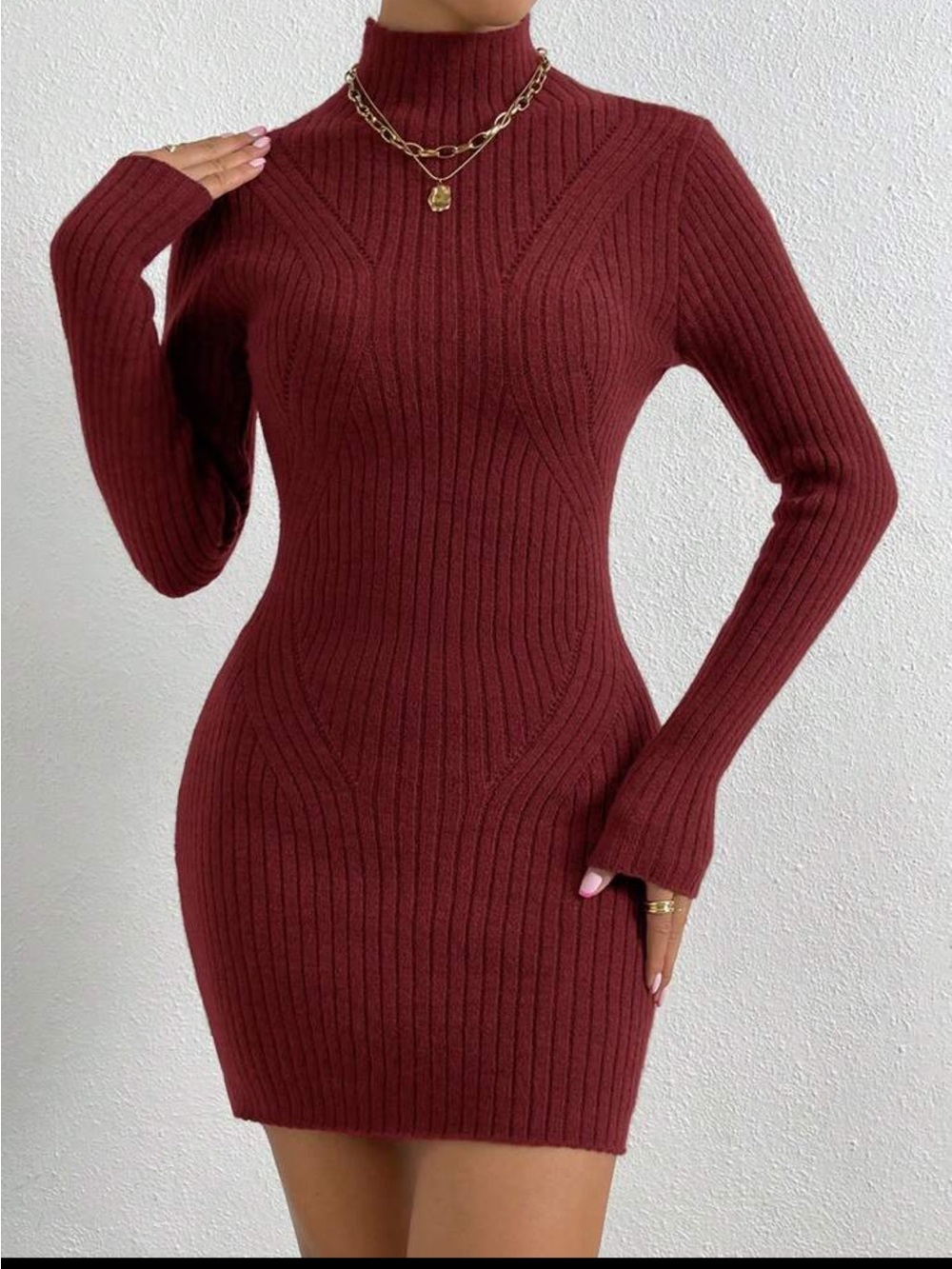 SHEIN Burgundy Ribbed Turtleneck Bodycon Sweater Dress